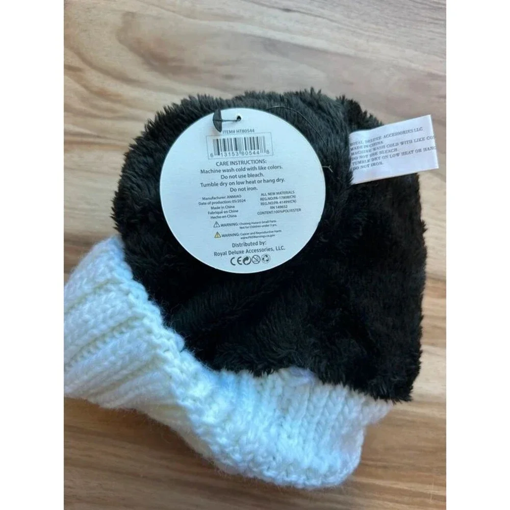 Sherpa Women’s Knit Beanie Gray White Faux Fur Pom Pom Cuffed Winter Hat skiing
